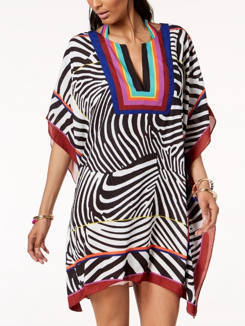 Trina Turk Multi-Color Striped Zebra Print Caftan Dress L/XL